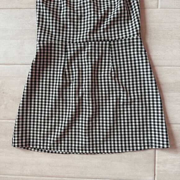 Gingham Mini Dress Black White Checkered Sleeveless Spaghetti Strap Back Zipper - Picture 3 of 6